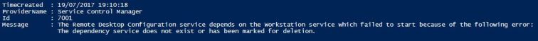 The Remote Desktop Configuration service depends on the Workstation service which failed to start because of the following error: The dependency service does not exist or has been marked for deletion.
