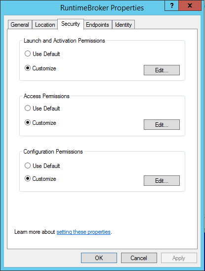 DCOM application properties