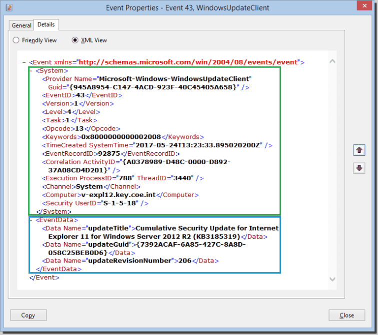 XML structure view of an event